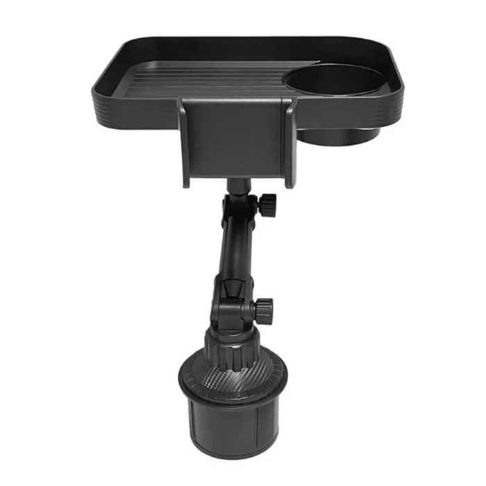 Rotating Car Drink and Snack Tray, 360-Degree Swivel: black adjustable clamp-mounted holder/stand, minimal functional style