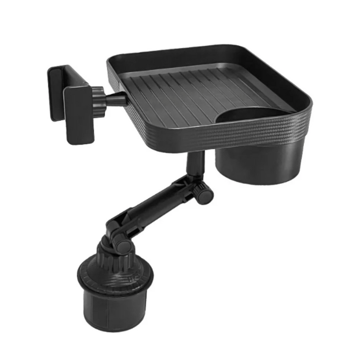 Rotating Car Drink and Snack Tray, 360-Degree Swivel: black adjustable clamp-mounted holder/stand, minimal functional style