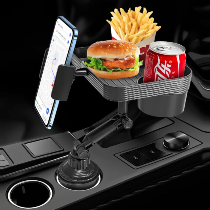 Rotating Car Drink and Snack Tray, 360-Degree Swivel: black adjustable clamp-mounted holder/stand, minimal functional style