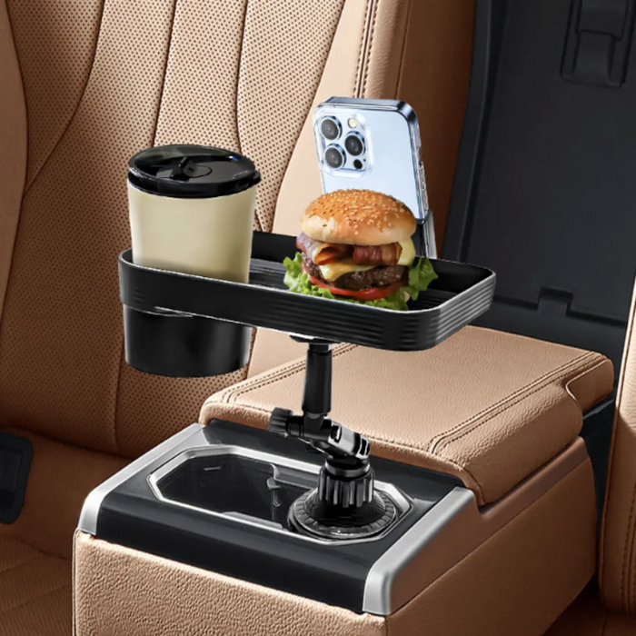 Rotating Car Drink and Snack Tray, 360-Degree Swivel: black adjustable clamp-mounted holder/stand, minimal functional style