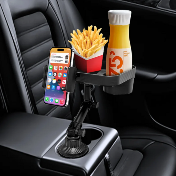 Rotating Car Drink and Snack Tray, 360-Degree Swivel: black adjustable clamp-mounted holder/stand, minimal functional style