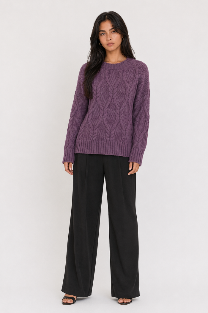 Round Neck Cable Knit Sweater for Women: Clear and Unique Title Revision Purple