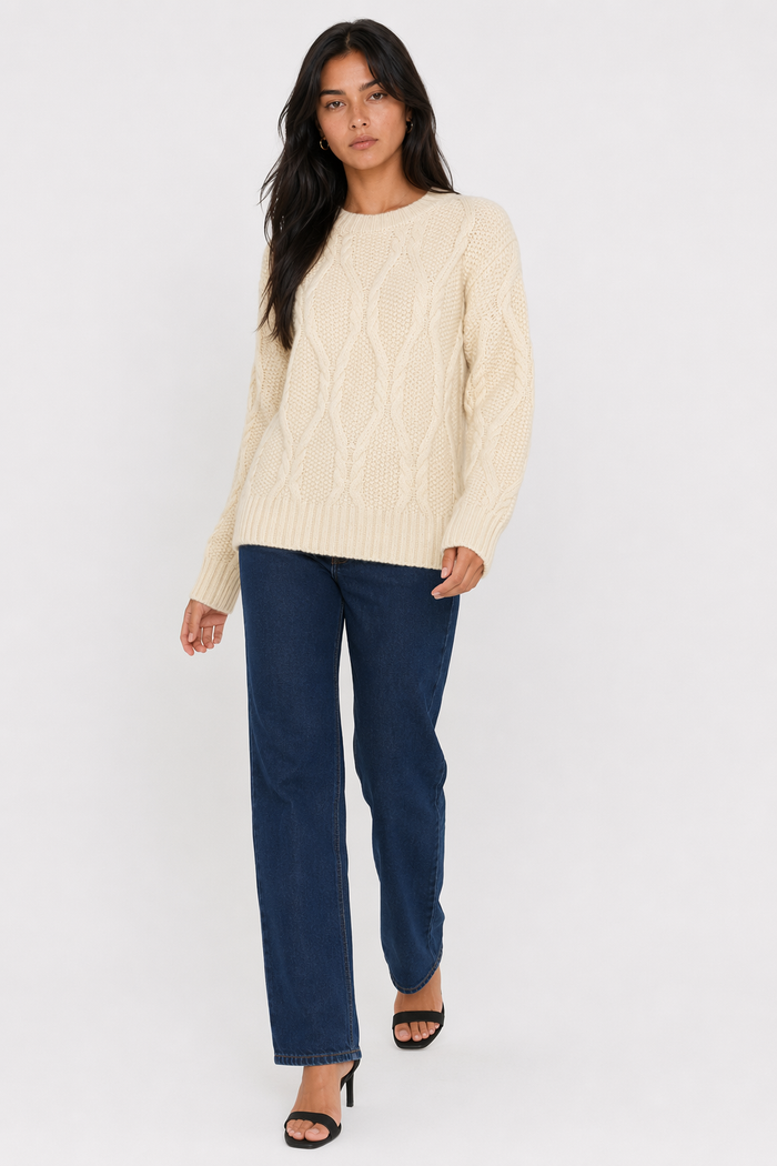Round Neck Cable Knit Sweater for Women: Clear and Unique Title Revision Beige