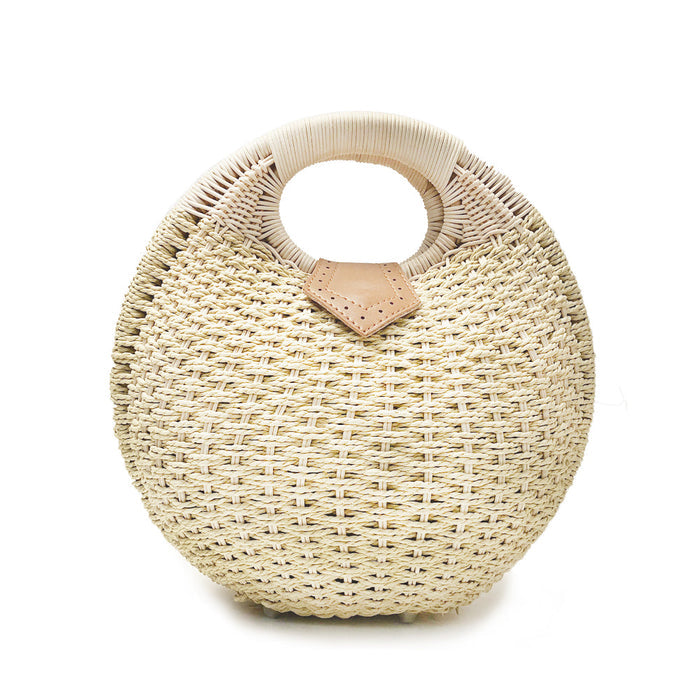 Round-Shaped Wicker Handbag with a Top Handle: natural beige, tan handbag, minimal boho style