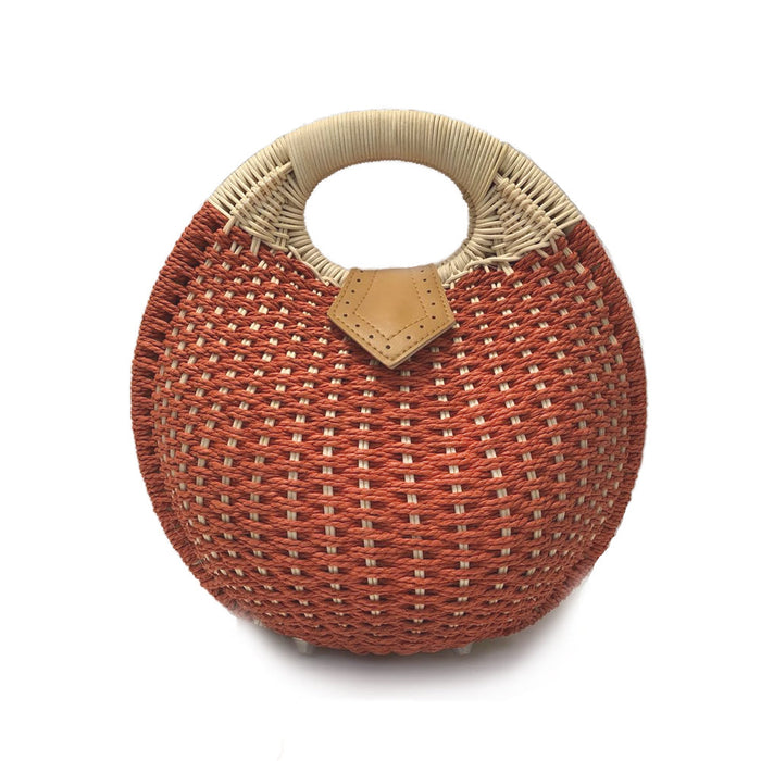 Round-Shaped Wicker Handbag with a Top Handle: natural beige, tan handbag, minimal boho style