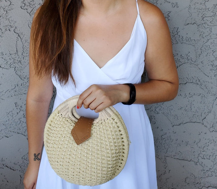 Round-Shaped Wicker Handbag with a Top Handle: natural beige, tan handbag, minimal boho style