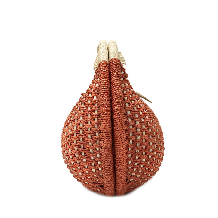 Round-Shaped Wicker Handbag with a Top Handle: natural beige, tan handbag, minimal boho style