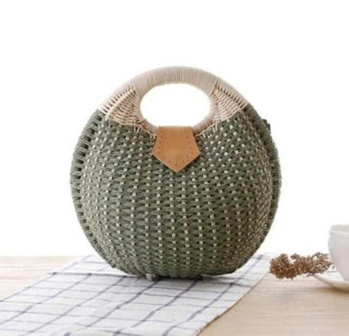 Round-Shaped Wicker Handbag with a Top Handle: natural beige, tan handbag, minimal boho style