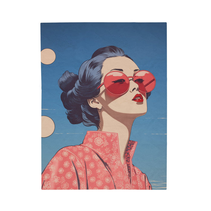 Sakura Blossom Japanese Style Blanket: blue, coral pink stylized woman wearing sunglasses, retro cartoon illustration style