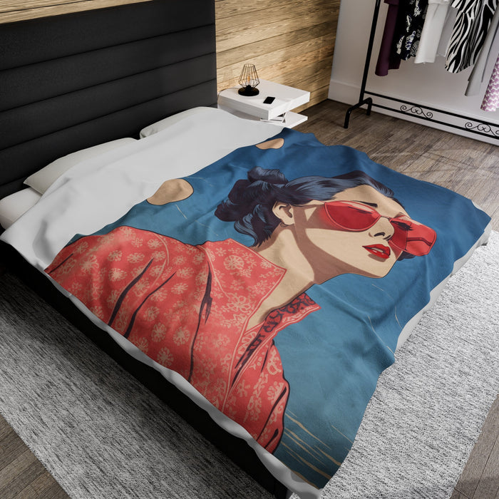 Sakura Blossom Japanese Style Blanket: blue, coral pink stylized woman wearing sunglasses, retro cartoon illustration style