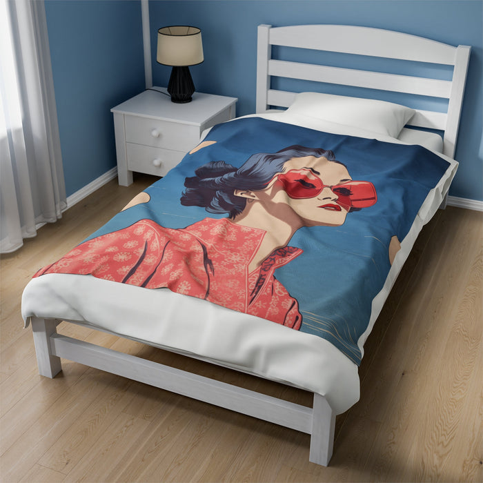 Sakura Blossom Japanese Style Blanket: blue, coral pink stylized woman wearing sunglasses, retro cartoon illustration style