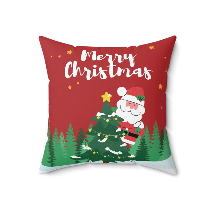Santa Claus Faux Suede Festive Cushion: red, green Santa Claus and Christmas tree, cartoon festive Christmas style