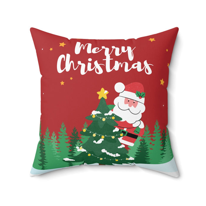 Santa Claus Faux Suede Festive Cushion: red, green Santa Claus and Christmas tree, cartoon festive Christmas style