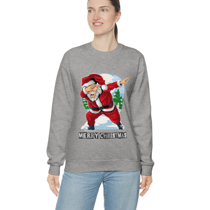 Santa Dabbing Women's Crewneck Sweatshirt: heather gray, red Santa Claus Christmas theme, cartoon festive holiday style