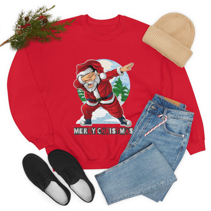 Santa Dabbing Women's Crewneck Sweatshirt: heather gray, red Santa Claus Christmas theme, cartoon festive holiday style