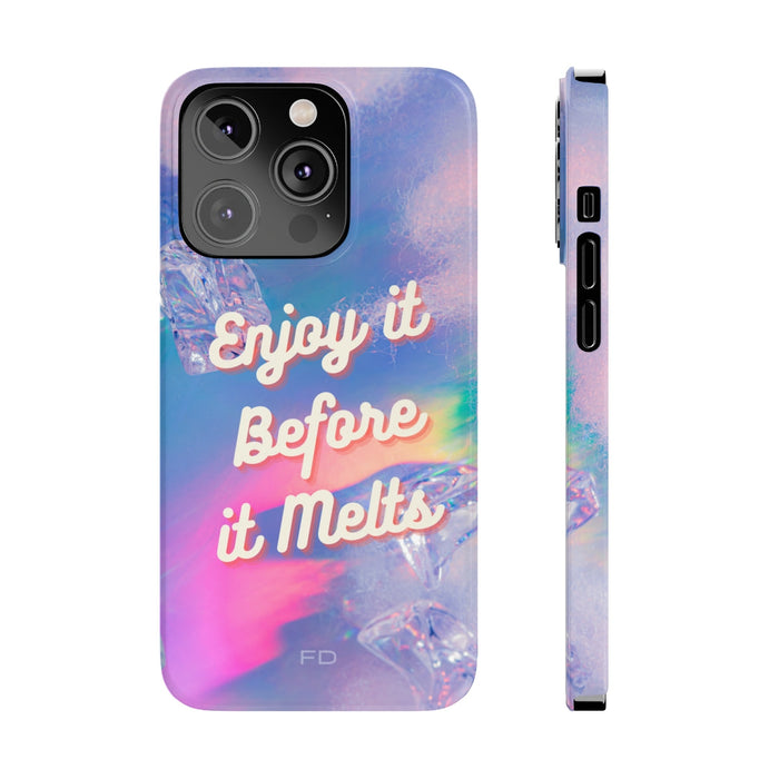 Savor It Until It Dissolves iPhone 14, 14 PRO and 14 PRO MAX Slim Case: purple, blue smartphone case, colorful graphic, retro