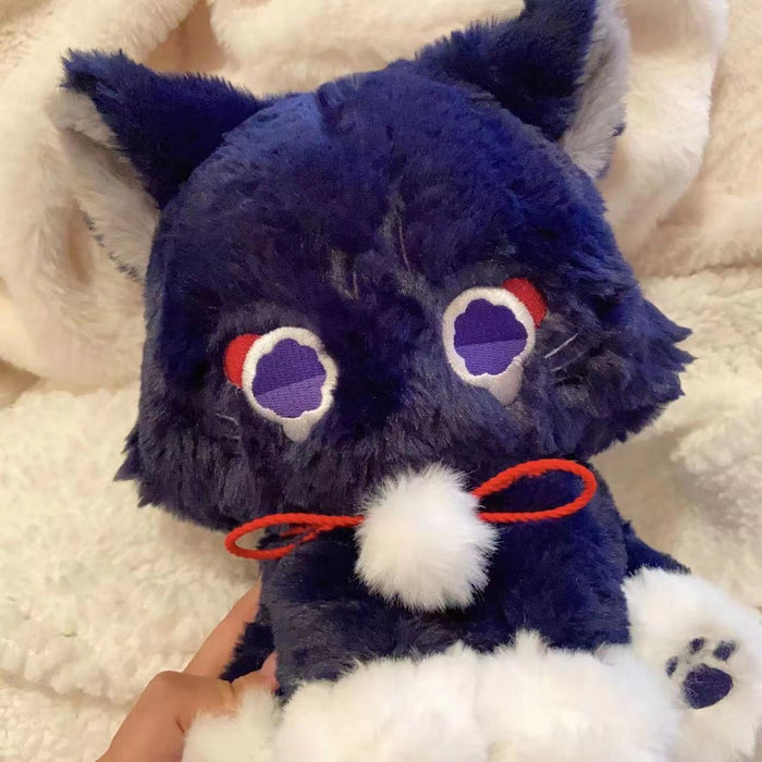 Scaramouche Cat Plush Toy for Collectors: dark navy blue, white cat-like character, kawaii cartoon style