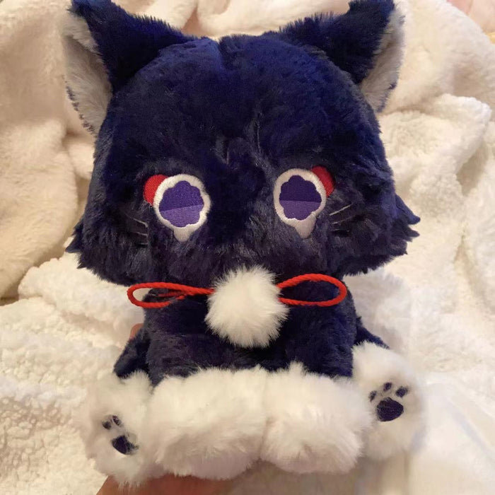 Scaramouche Cat Plush Toy for Collectors: dark navy blue, white cat-like character, kawaii cartoon style
