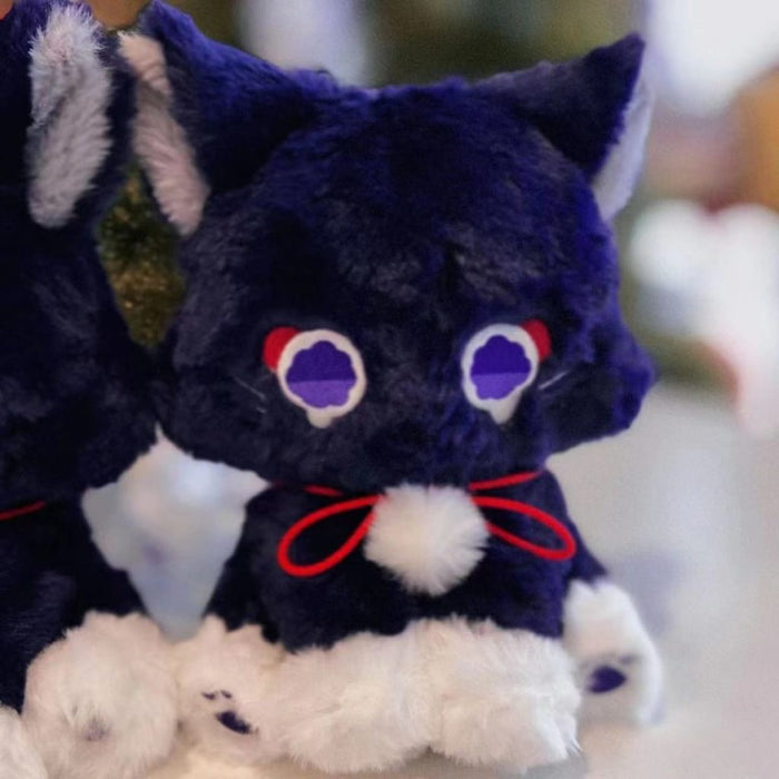 Scaramouche Cat Plush Toy for Collectors: dark navy blue, white cat-like character, kawaii cartoon style