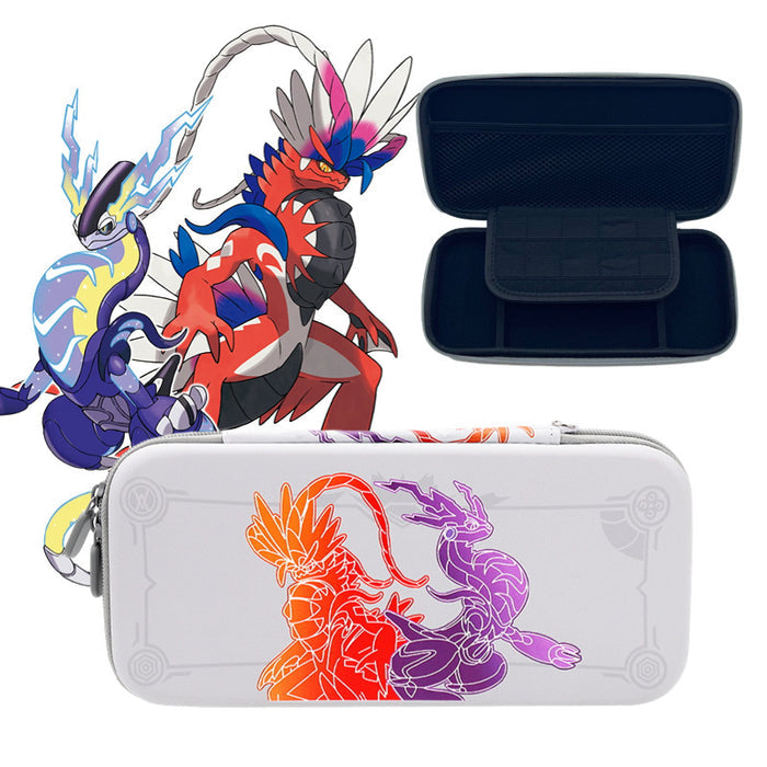 Scarlet and Violet Switch OLED Travel Case: light gray, dark navy Pokémon characters, cartoon gaming-themed style