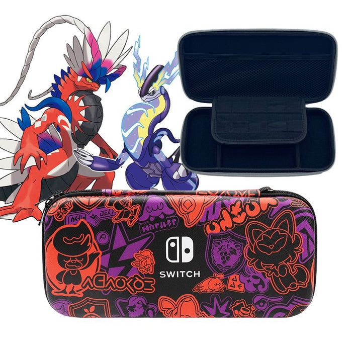 Scarlet and Violet Switch OLED Travel Case: light gray, dark navy Pokémon characters, cartoon gaming-themed style