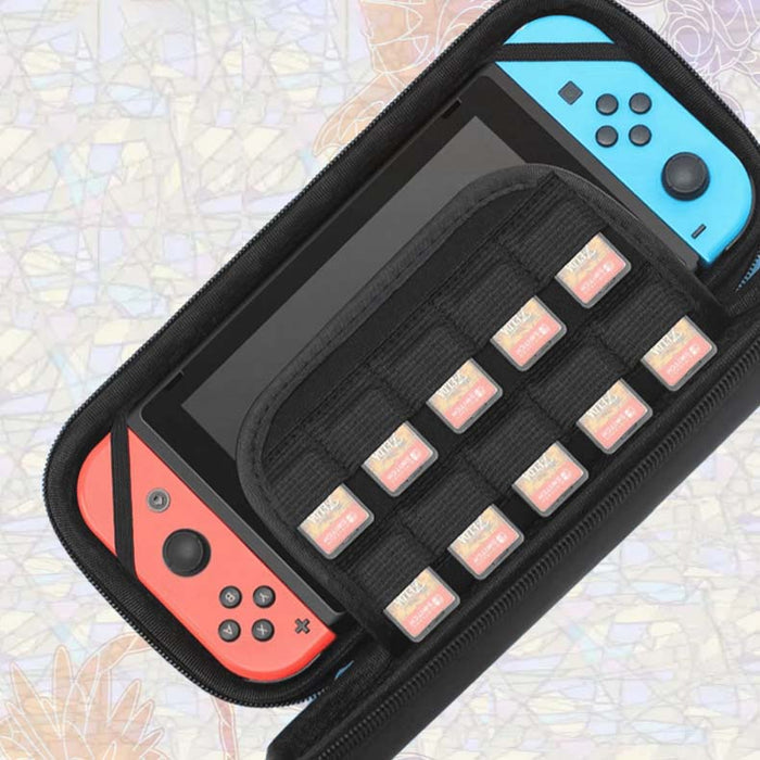 Scarlet and Violet Switch OLED Travel Case: light gray, dark navy Pokémon characters, cartoon gaming-themed style