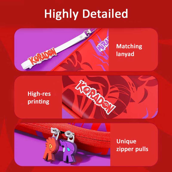 Scarlet and Violet Switch Travel Case: red, purple Koraidon and Miraidon character graphics, cartoon gaming-themed style