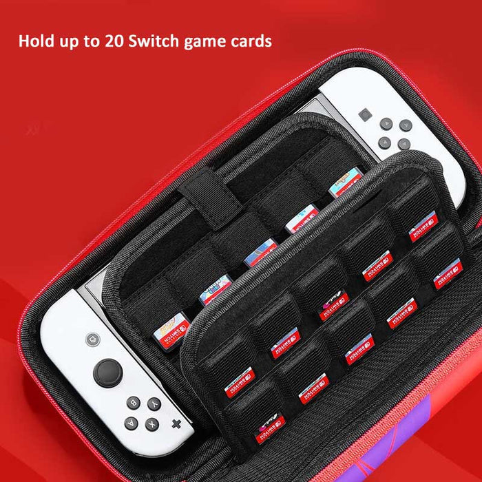 Scarlet and Violet Switch Travel Case: red, purple Koraidon and Miraidon character graphics, cartoon gaming-themed style
