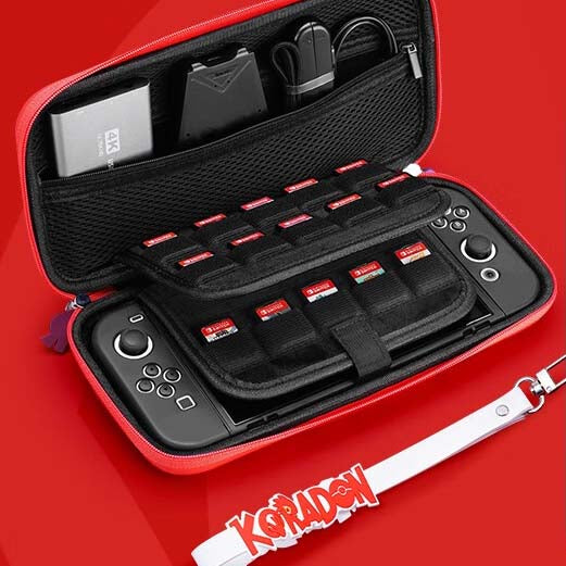 Scarlet and Violet Switch Travel Case: red, purple Koraidon and Miraidon character graphics, cartoon gaming-themed style