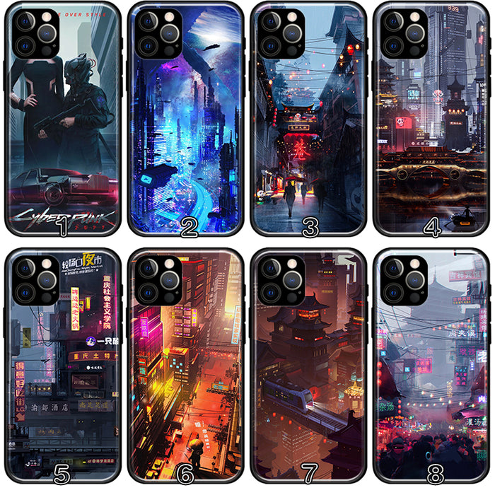 Sci-Fi TPU Phone Case with Camera Protection: black, yellow Cyberpunk-themed futuristic cityscape and graphic designs, cyberp