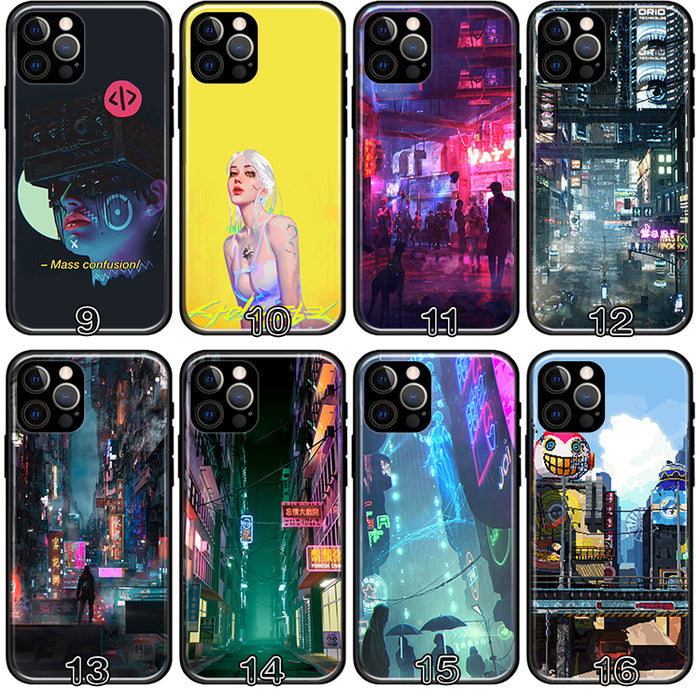 Sci-Fi TPU Phone Case with Camera Protection: black, yellow Cyberpunk-themed futuristic cityscape and graphic designs, cyberp