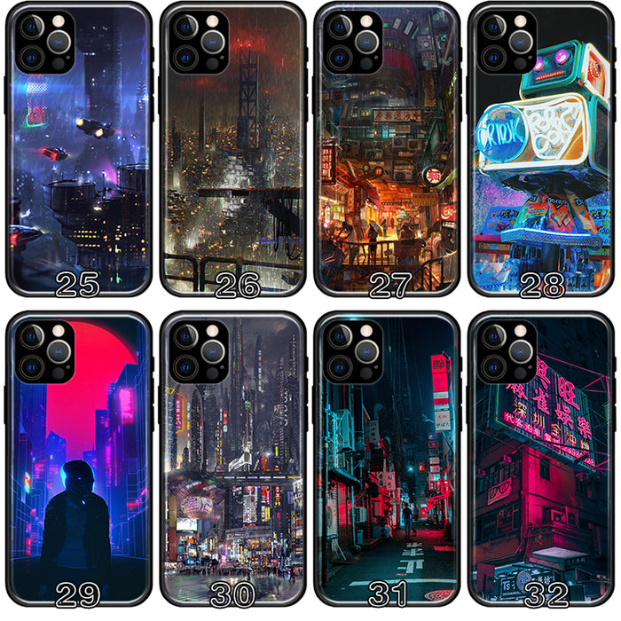 Sci-Fi TPU Phone Case with Camera Protection: black, yellow Cyberpunk-themed futuristic cityscape and graphic designs, cyberp
