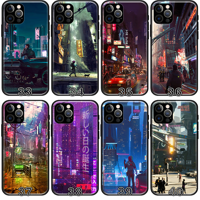 Sci-Fi TPU Phone Case with Camera Protection: black, yellow Cyberpunk-themed futuristic cityscape and graphic designs, cyberp