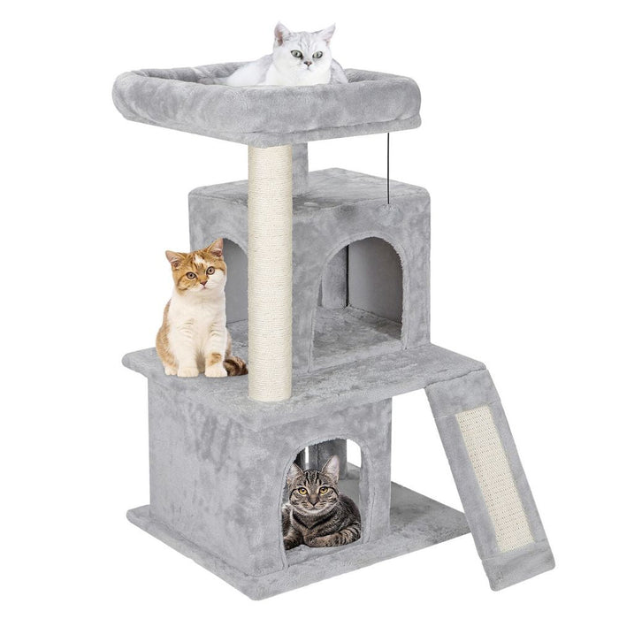 Scratching Post Cat Tree with Ramp and Elevated House: gray, white cats, soft plush pet furniture style