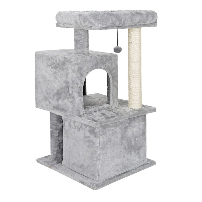 Scratching Post Cat Tree with Ramp and Elevated House: gray, white cats, soft plush pet furniture style