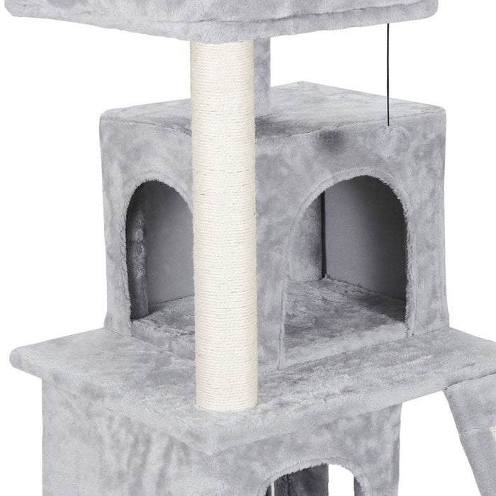 Scratching Post Cat Tree with Ramp and Elevated House: gray, white cats, soft plush pet furniture style