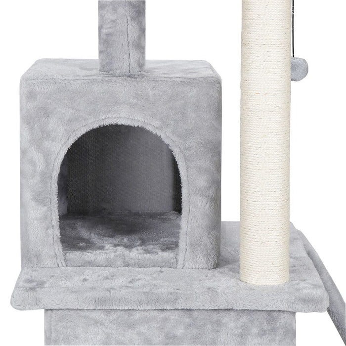Scratching Post Cat Tree with Ramp and Elevated House: gray, white cats, soft plush pet furniture style