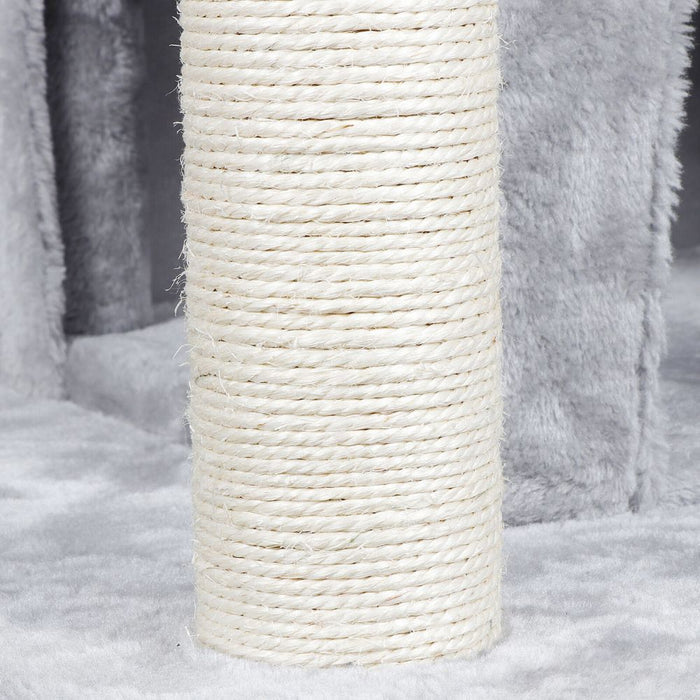Scratching Post Cat Tree with Ramp and Elevated House: gray, white cats, soft plush pet furniture style