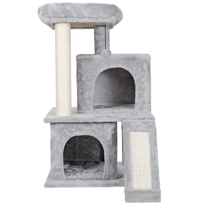 Scratching Post Cat Tree with Ramp and Elevated House: gray, white cats, soft plush pet furniture style