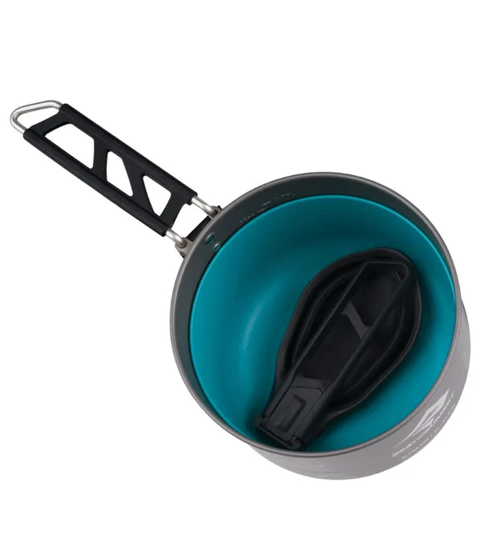 Unique folding design with locking mechanism easily stows inside the Alpha Pot 1.2L when the camp cooking is done