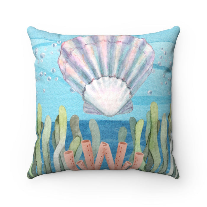 Seashell Patterned Decorative Cushions, Available in 4 Sizes: aqua blue, teal seashell and underwater sea plants, whimsical w