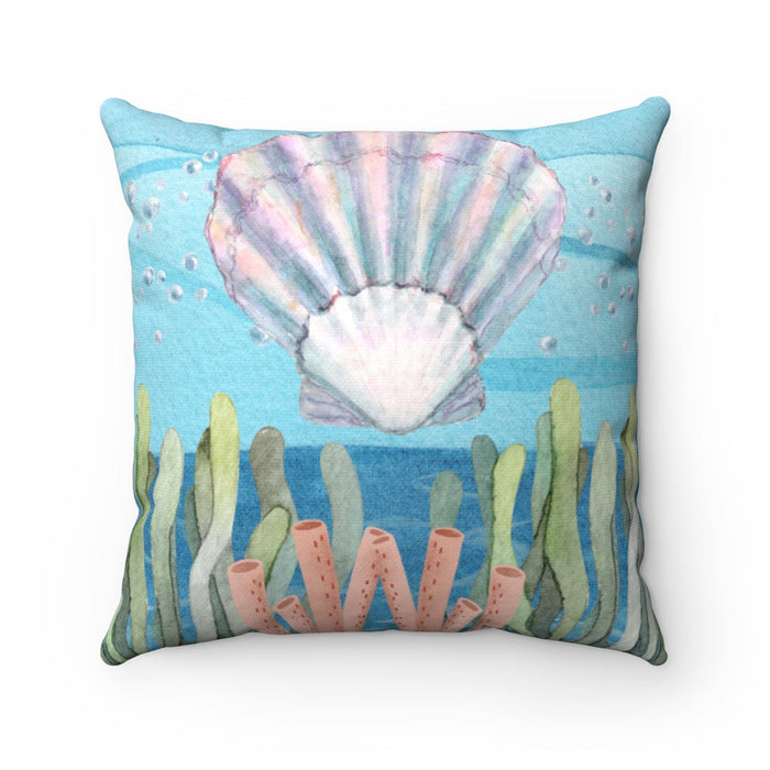 Seashell Patterned Decorative Cushions, Available in 4 Sizes: aqua blue, teal seashell and underwater sea plants, whimsical w