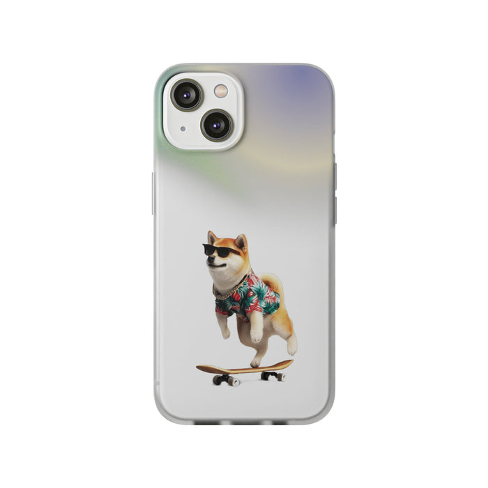 Semi-Transparent Shiba Inu iPhone Case with a Hawaiian Flair: translucent white, pale green dog (Shiba Inu) on a skateboard