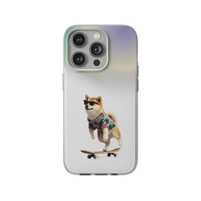 Semi-Transparent Shiba Inu iPhone Case with a Hawaiian Flair: translucent white, pale green dog (Shiba Inu) on a skateboard