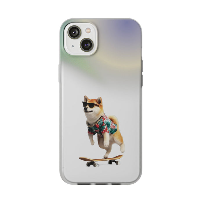 Semi-Transparent Shiba Inu iPhone Case with a Hawaiian Flair: translucent white, pale green dog (Shiba Inu) on a skateboard