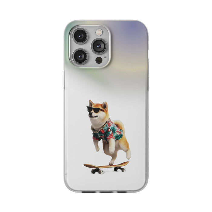 Semi-Transparent Shiba Inu iPhone Case with a Hawaiian Flair: translucent white, pale green dog (Shiba Inu) on a skateboard