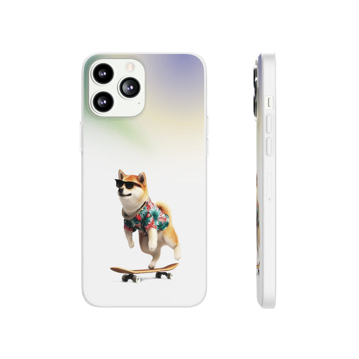 Semi-Transparent Shiba Inu iPhone Case with a Hawaiian Flair: translucent white, pale green dog (Shiba Inu) on a skateboard