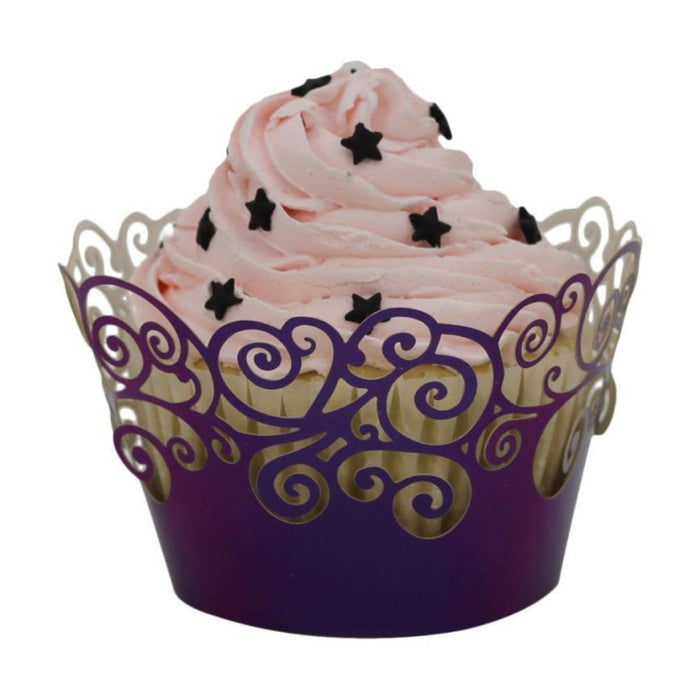 Set of 100 Lace Laser Cut Holders for Cupcakes and Muffins with Festive Design: light pink, purple cupcake, decorative, whims
