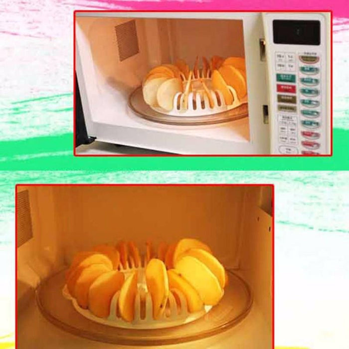 Set of 2 Microwaveable Potato Chip Makers, Convenient for Microwave Use: yellow, tan ring-shaped pastry/bread arrangement, re