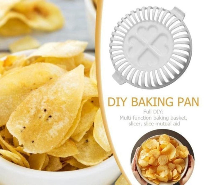 Set of 2 Microwaveable Potato Chip Makers, Convenient for Microwave Use: yellow, tan ring-shaped pastry/bread arrangement, re